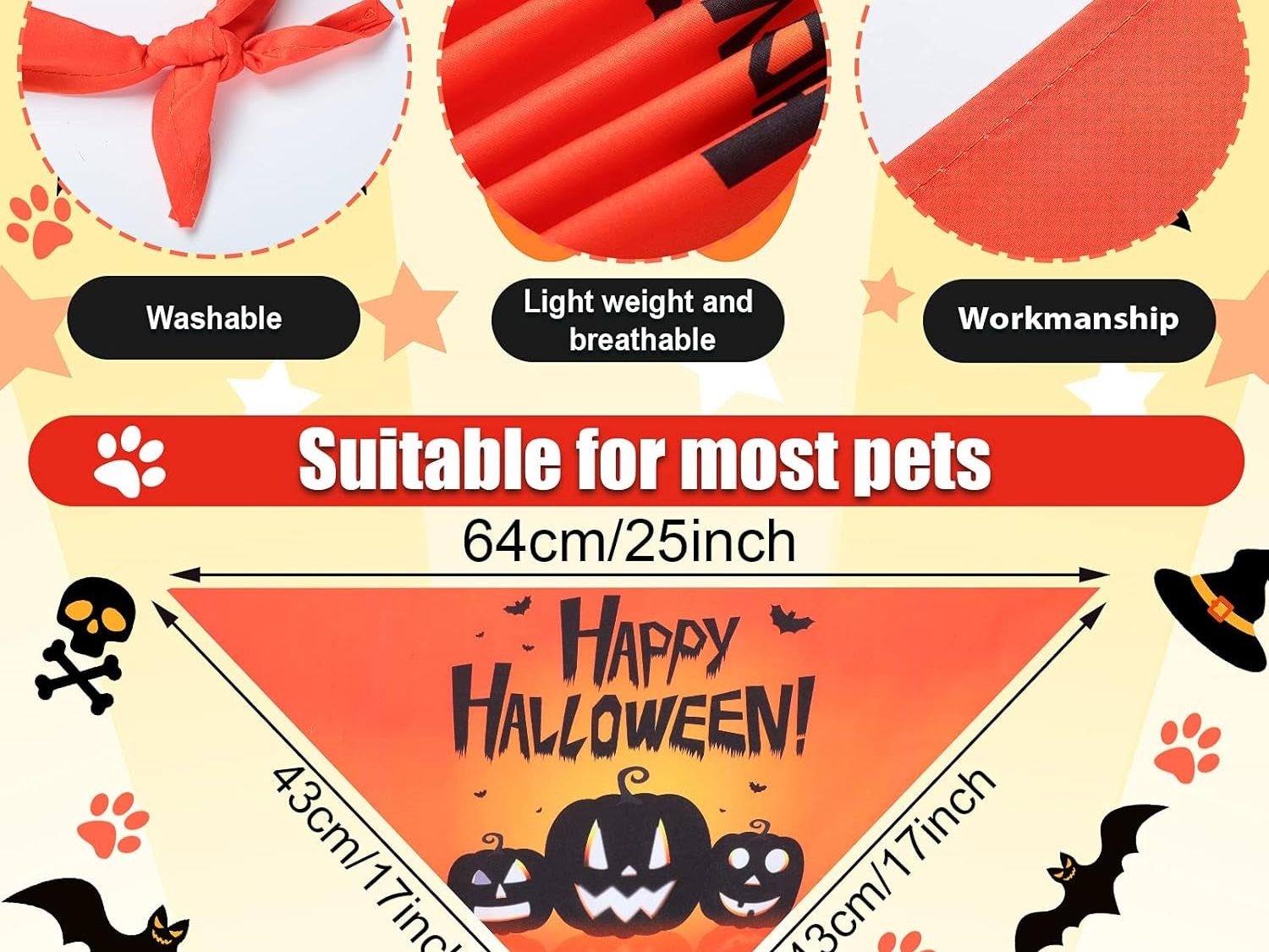 12-Pack Adjustable Halloween Bandanas for Dogs and Cats - Triangle Design Featuring Bat, Ghost, and Pumpkin Patterns - Pet Apparel Accessories