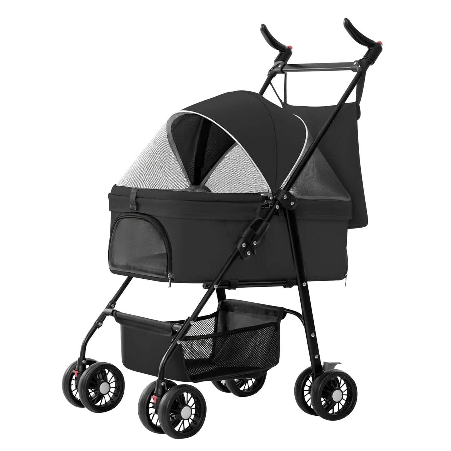 Black pet stroller with mesh canopy, four wheels, and a storage basket underneath.