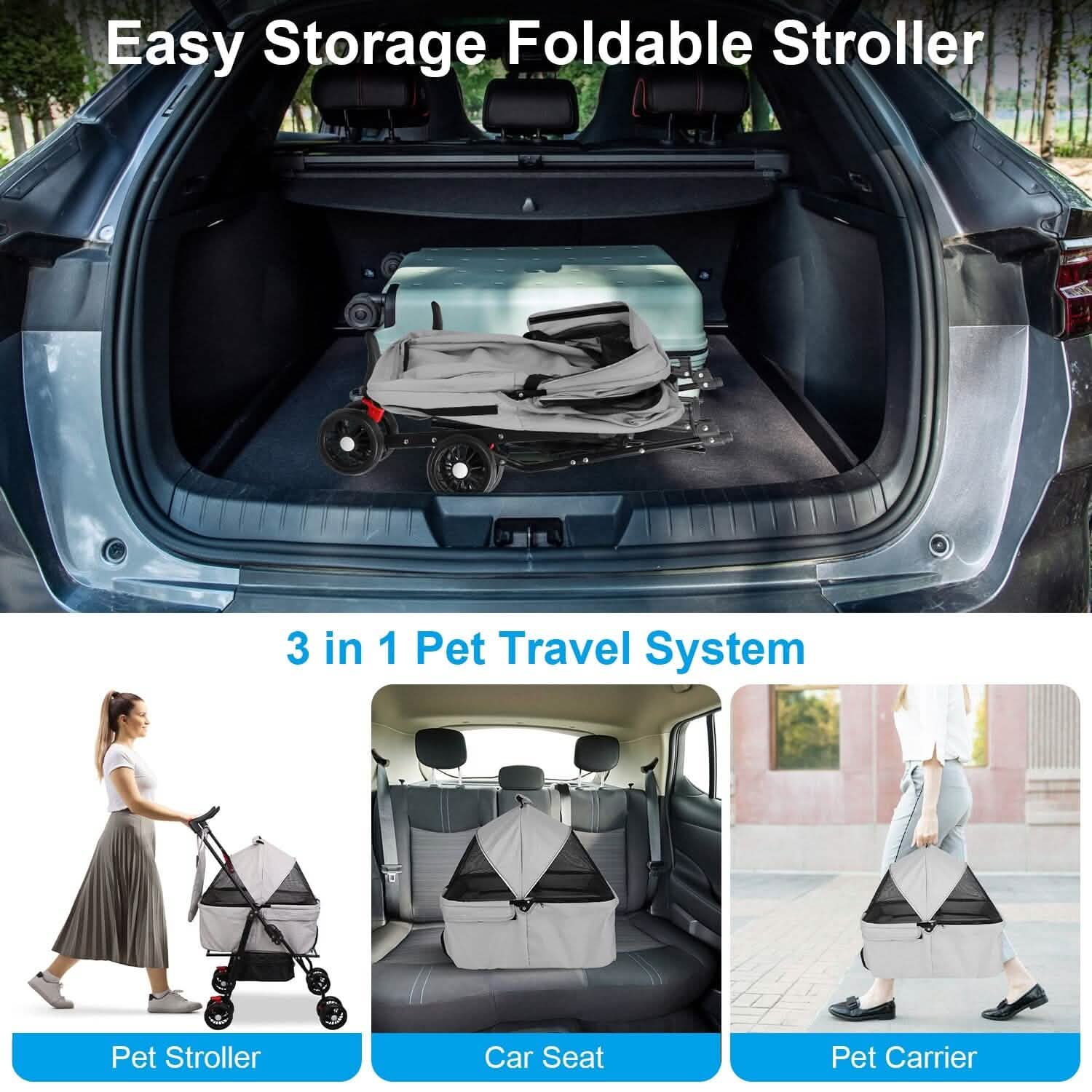 Foldable gray pet stroller in car trunk; also shown as stroller, car seat, and carrier.