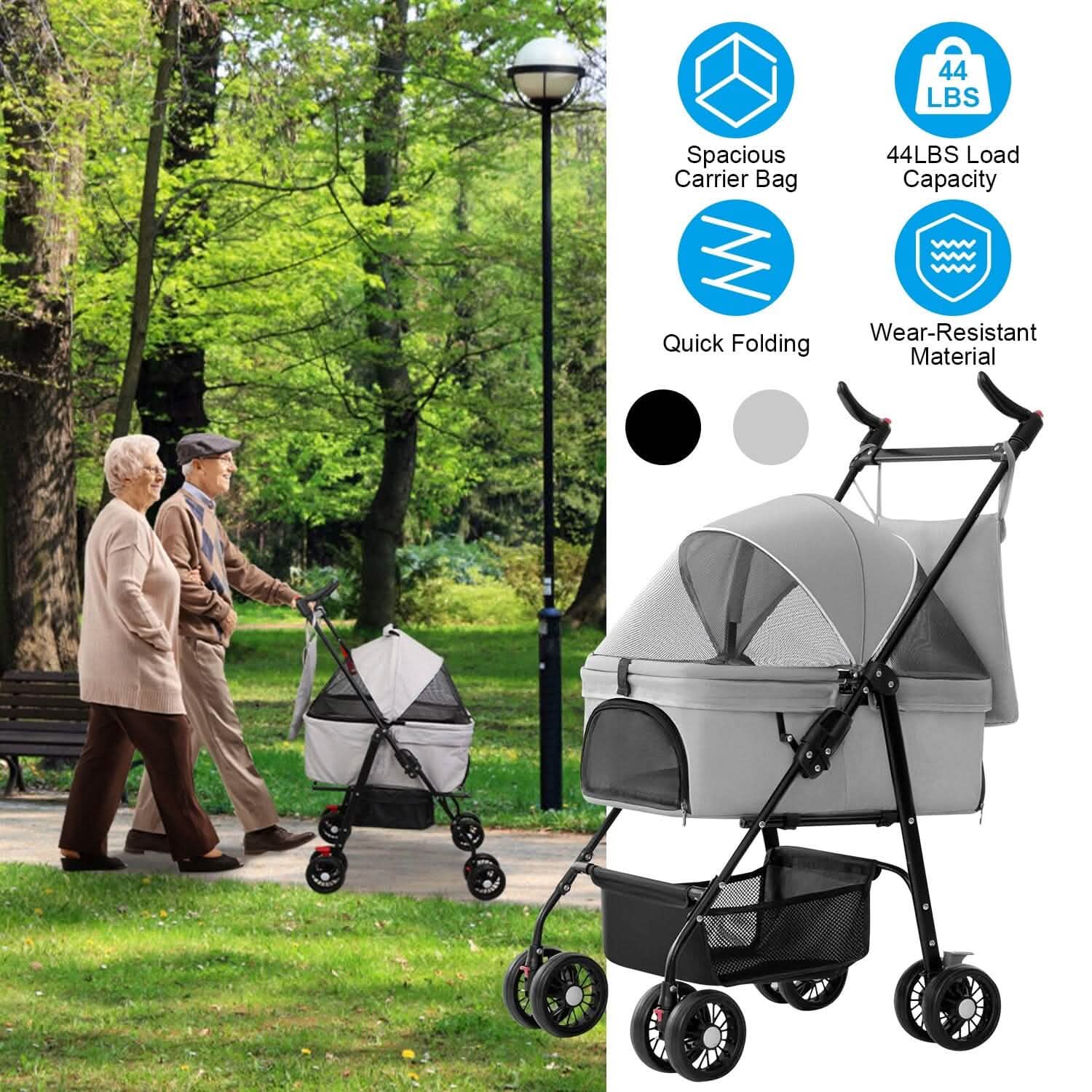 Elderly couple walking with a gray pet stroller in a green park; stroller features shown.