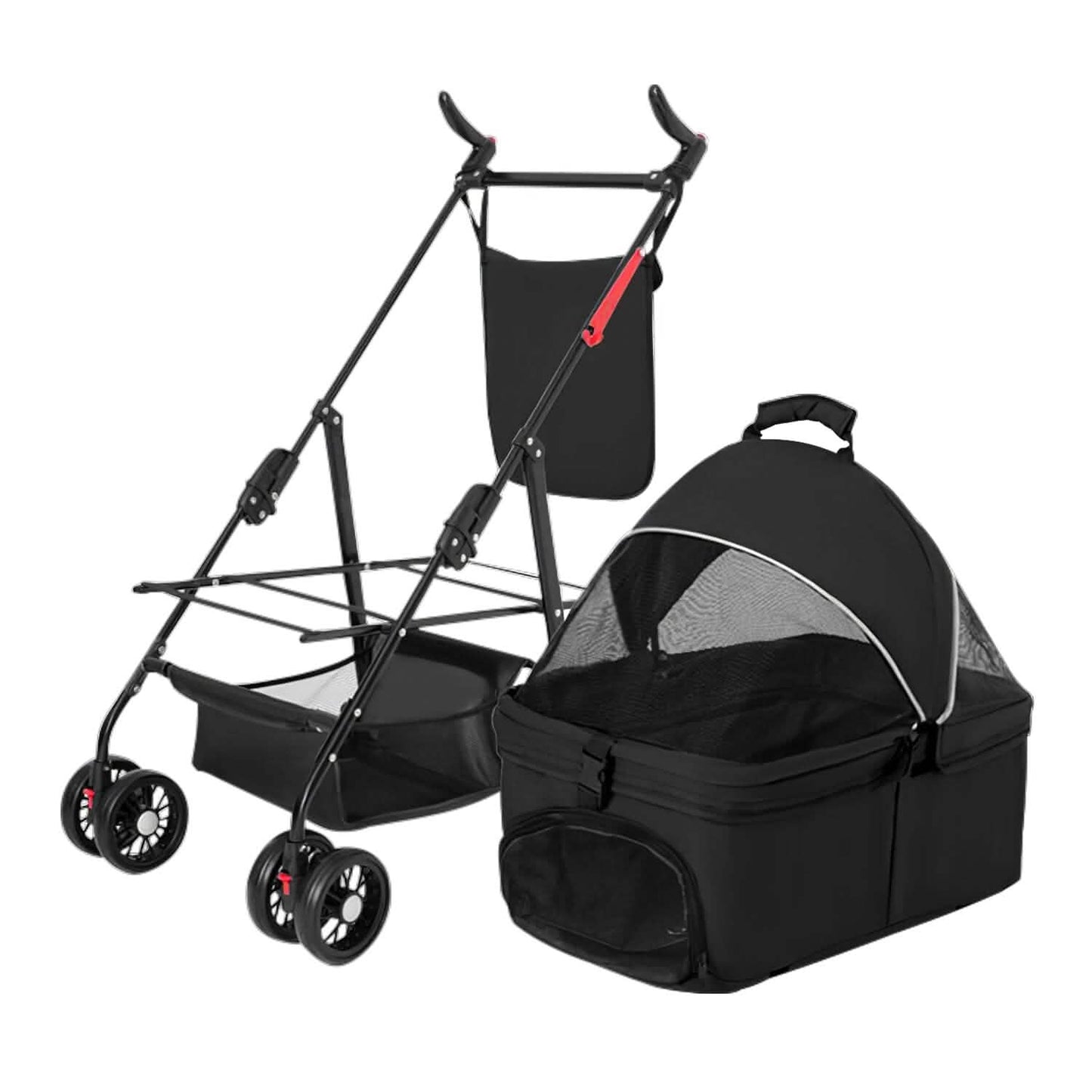 Black pet stroller with detachable carrier, mesh canopy, and four wheels.