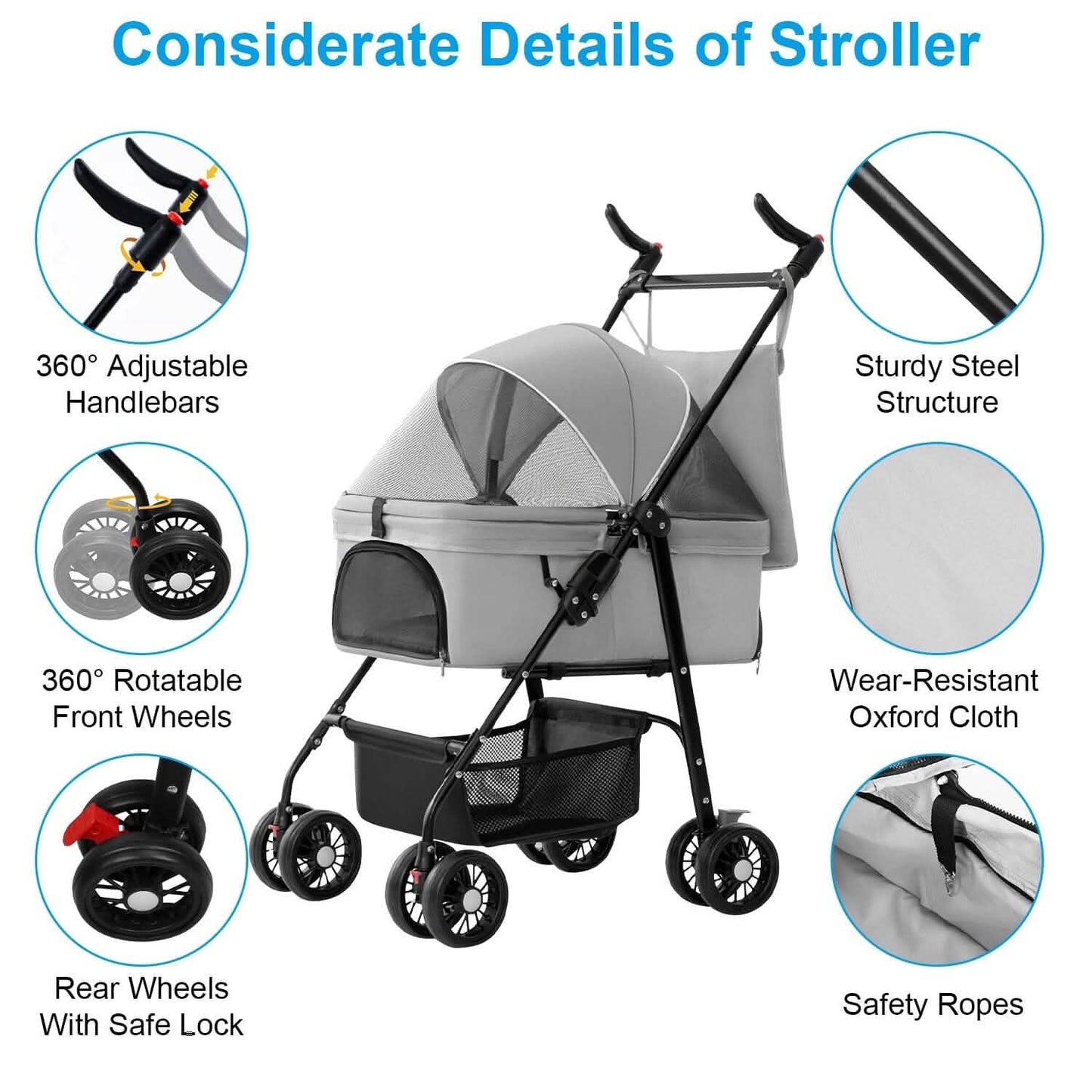 Gray stroller with adjustable handlebars, rotatable wheels, steel frame, and Oxford cloth canopy.