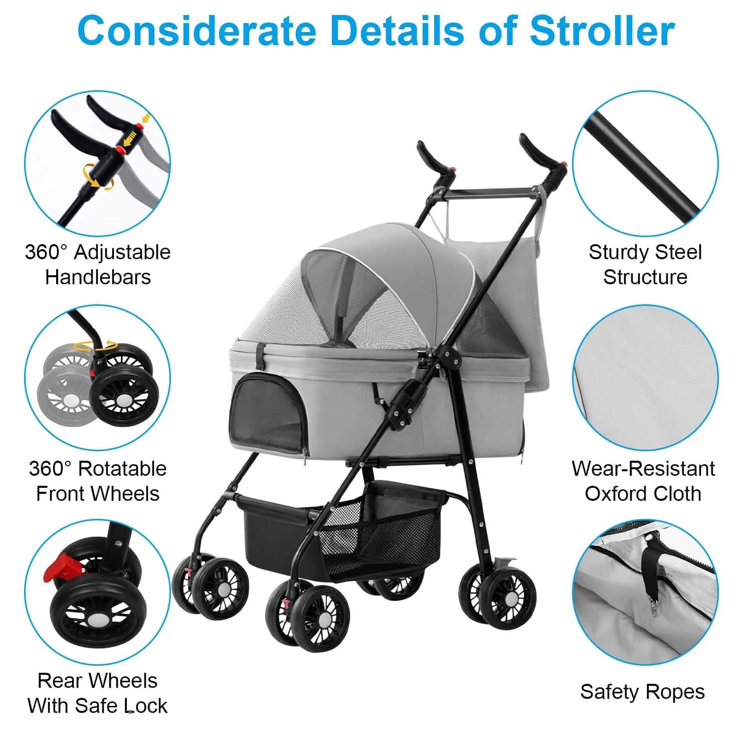 Gray stroller with adjustable handlebars, rotatable wheels, steel frame, and Oxford cloth canopy.