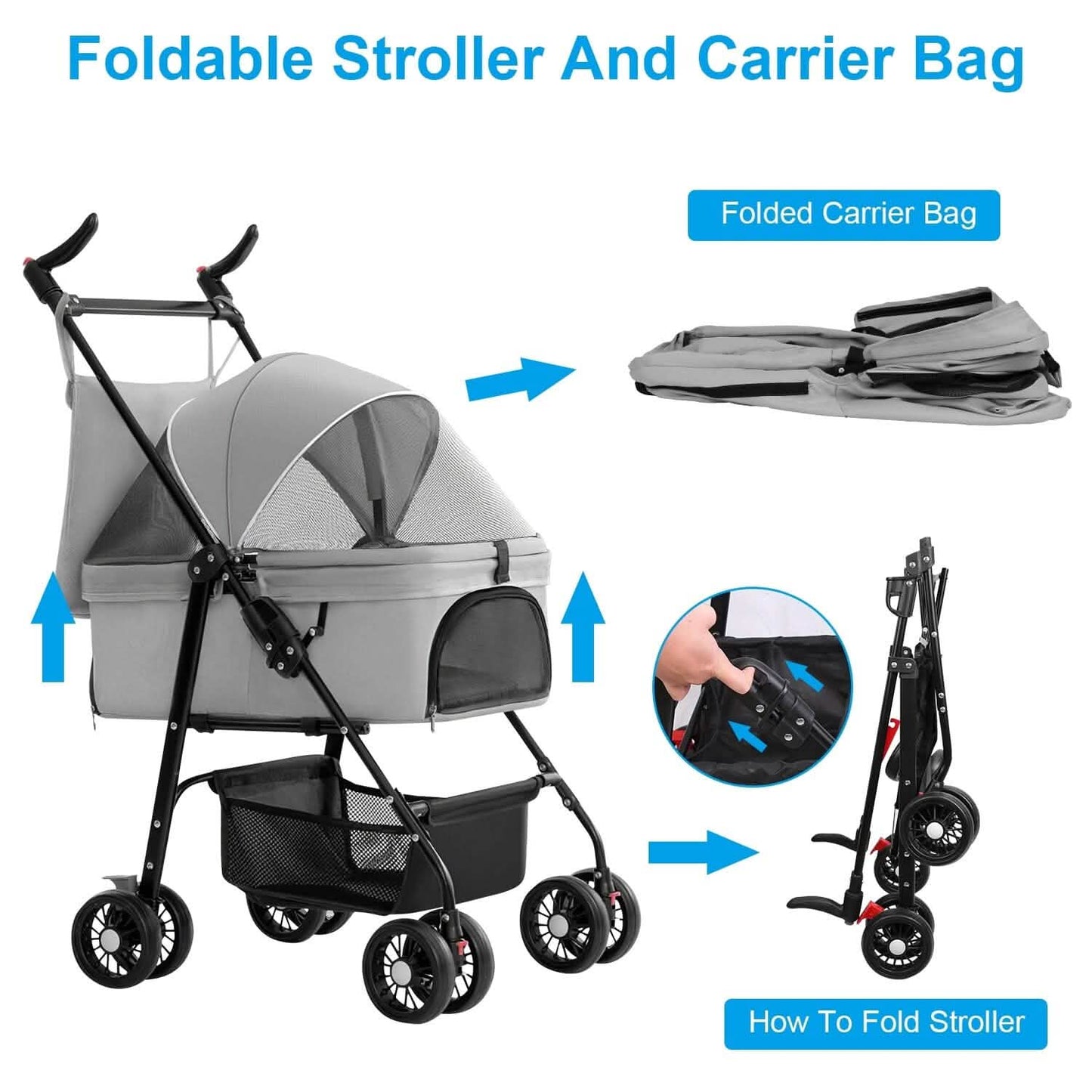 Gray foldable stroller with mesh canopy, black frame, and wheels. Includes folded bag and folding guide.