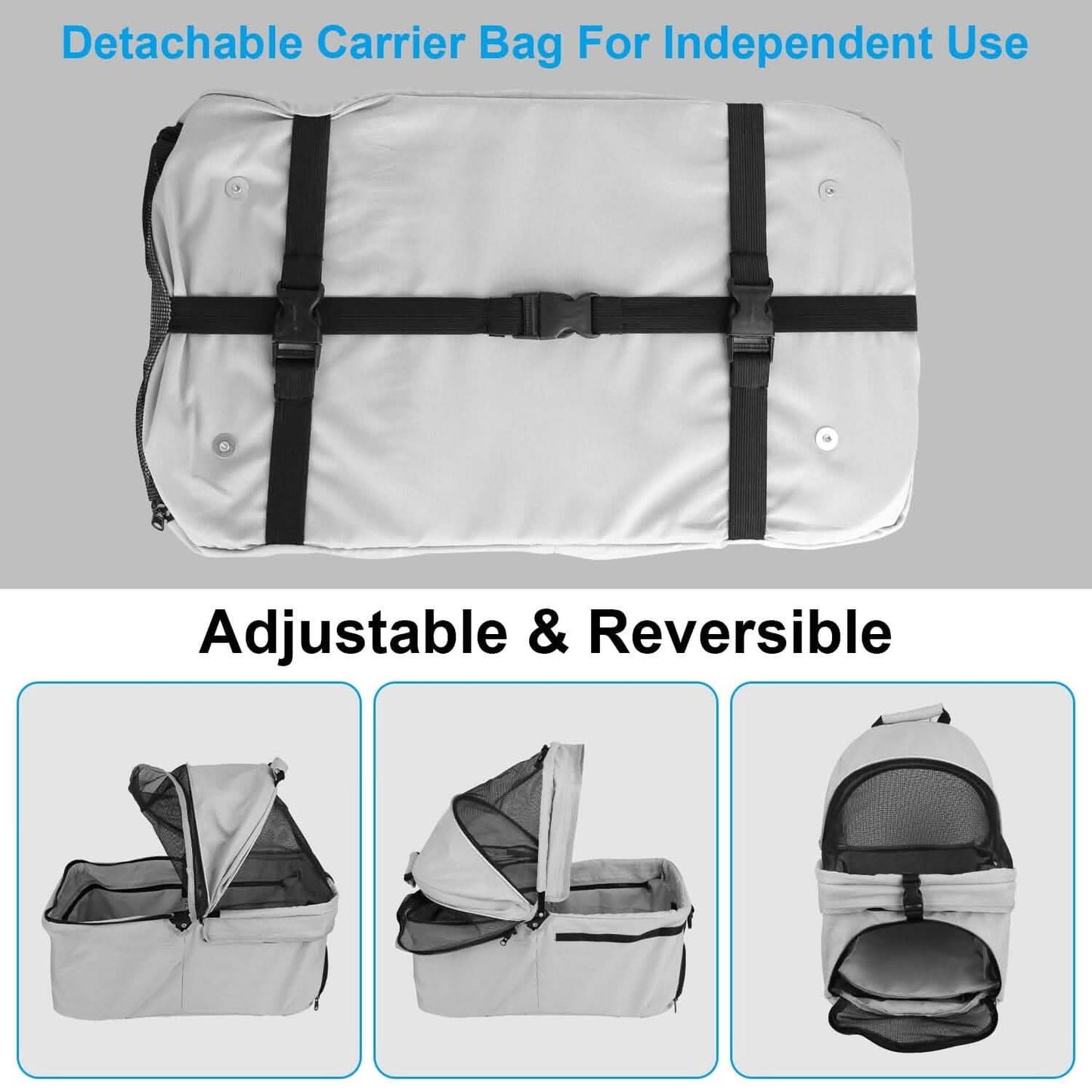 Gray detachable carrier bag with black straps, shown open and closed, labeled adjustable.