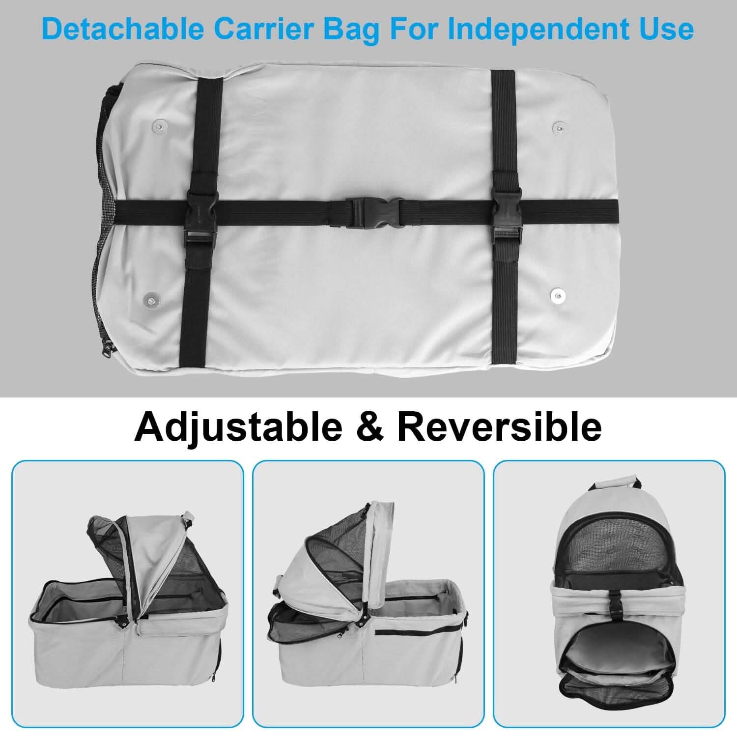Gray detachable carrier bag with black straps, shown open and closed, labeled adjustable.