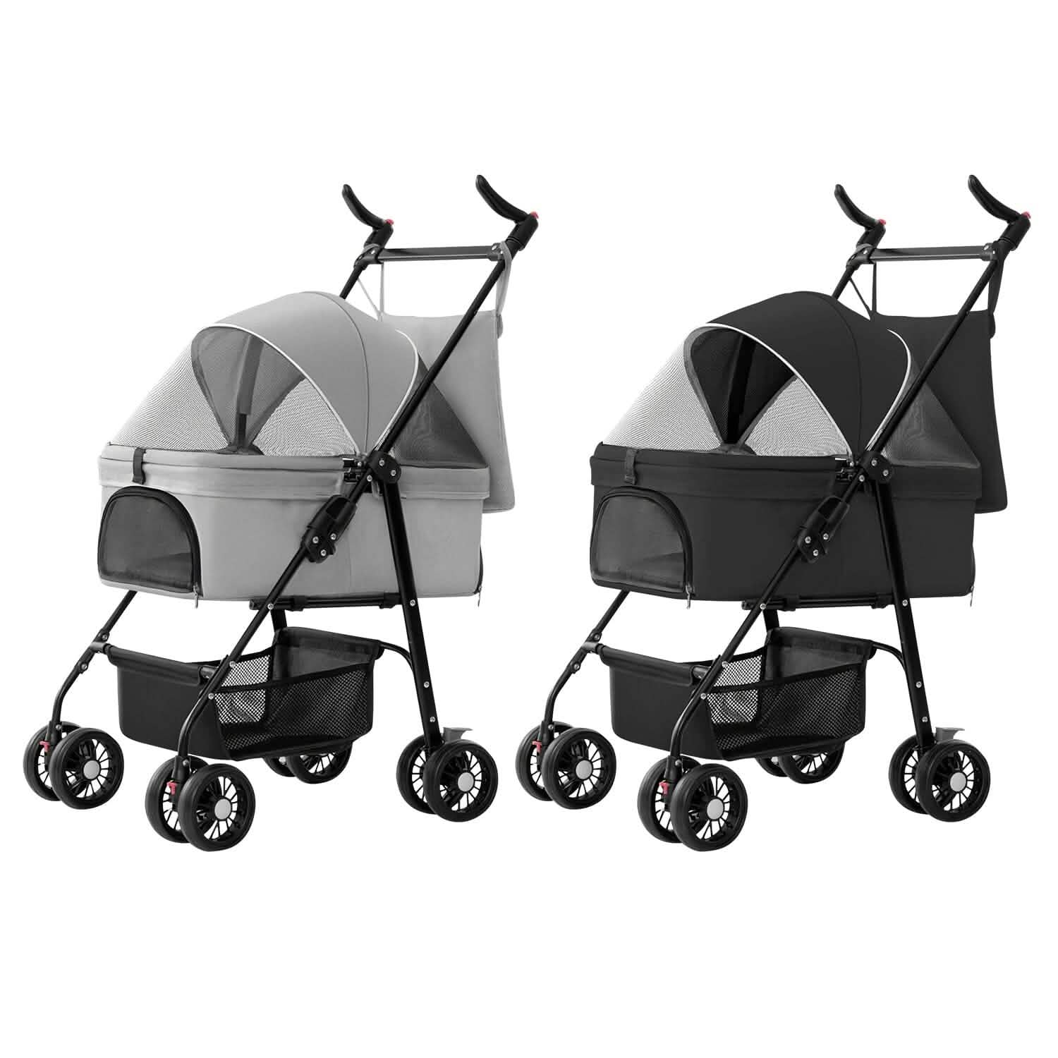 Two pet strollers, one gray and one black, with mesh canopies and storage baskets on four wheels.