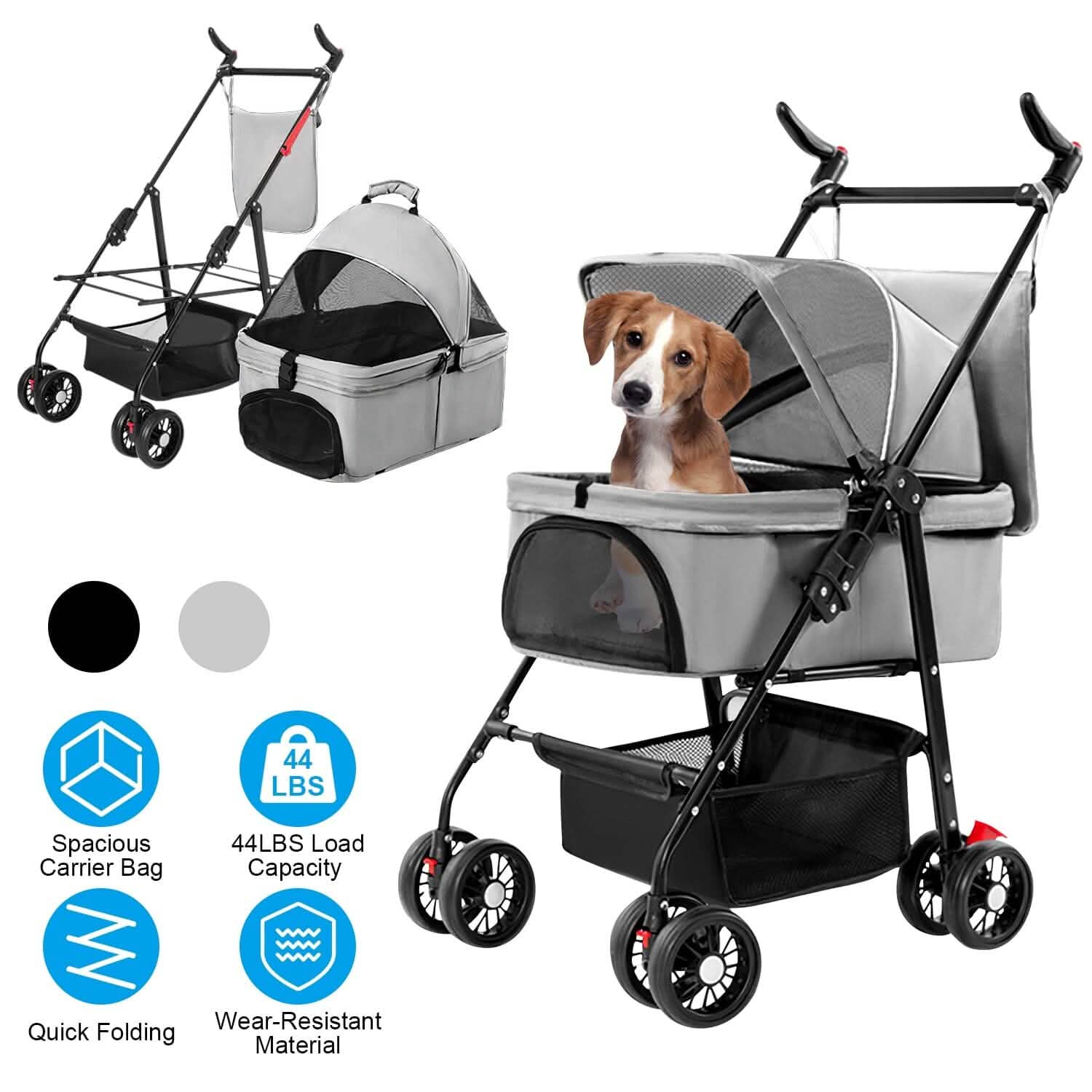 Gray pet stroller with a dog inside, black frame, mesh windows, and four wheels.