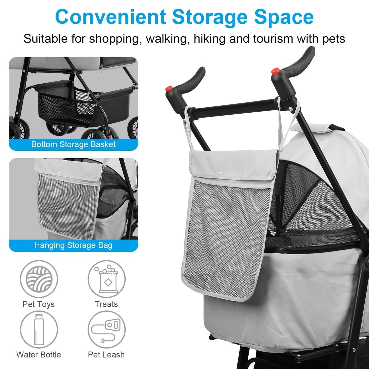 Gray pet stroller with mesh storage bag, bottom basket, and black handles. Icons for pet accessories.