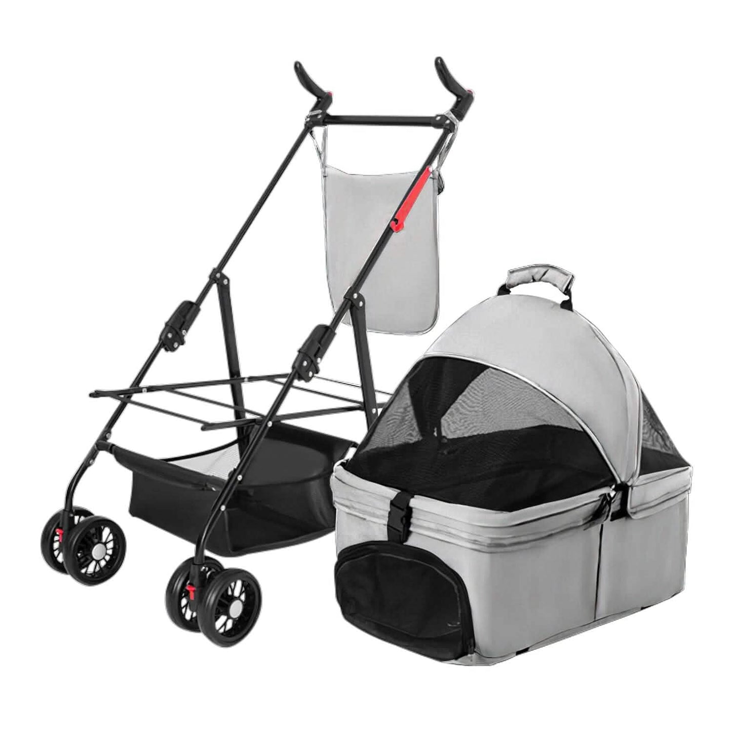 Gray pet stroller frame with four wheels and a detachable carrier with a mesh cover.