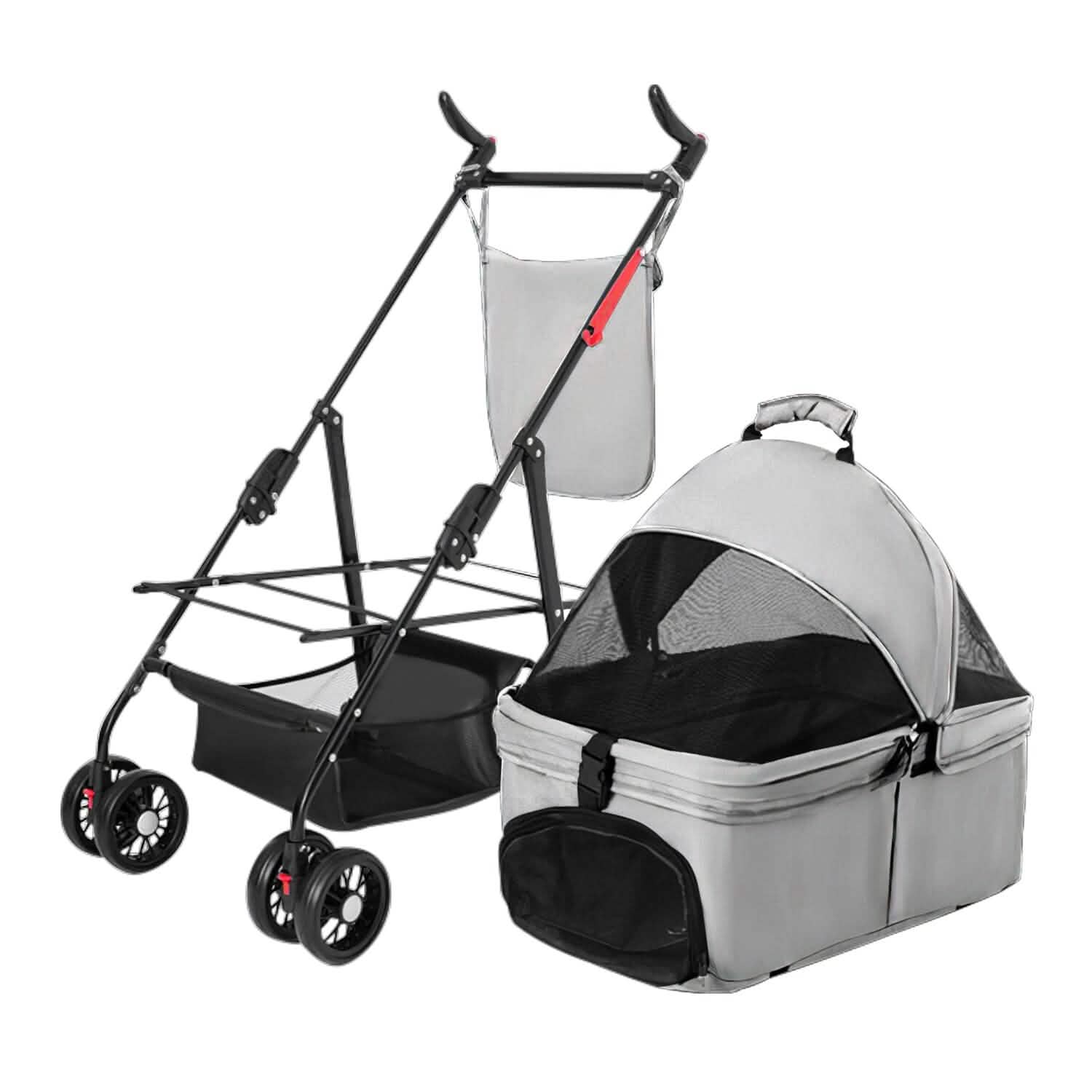 Gray pet stroller frame with four wheels and a detachable carrier with a mesh cover.