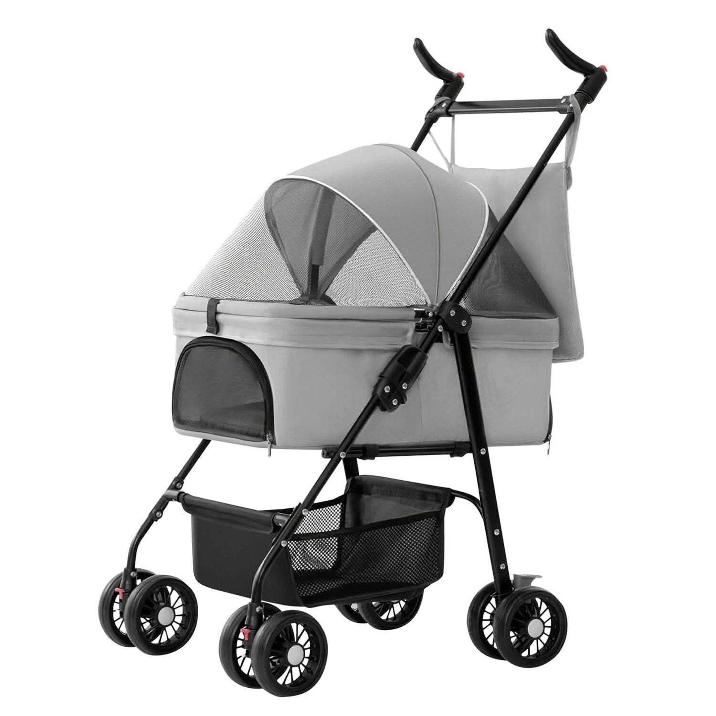 Gray pet stroller with a mesh canopy, black frame, and four wheels.