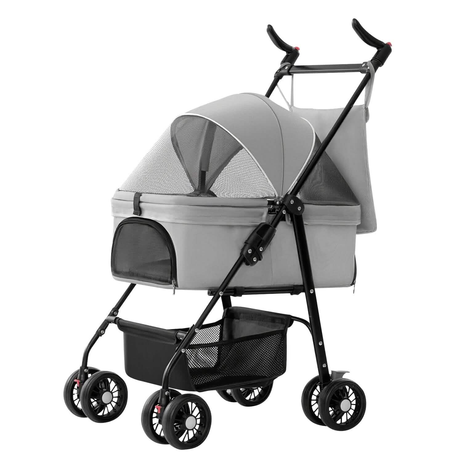Gray pet stroller with a mesh canopy, black frame, and four wheels.
