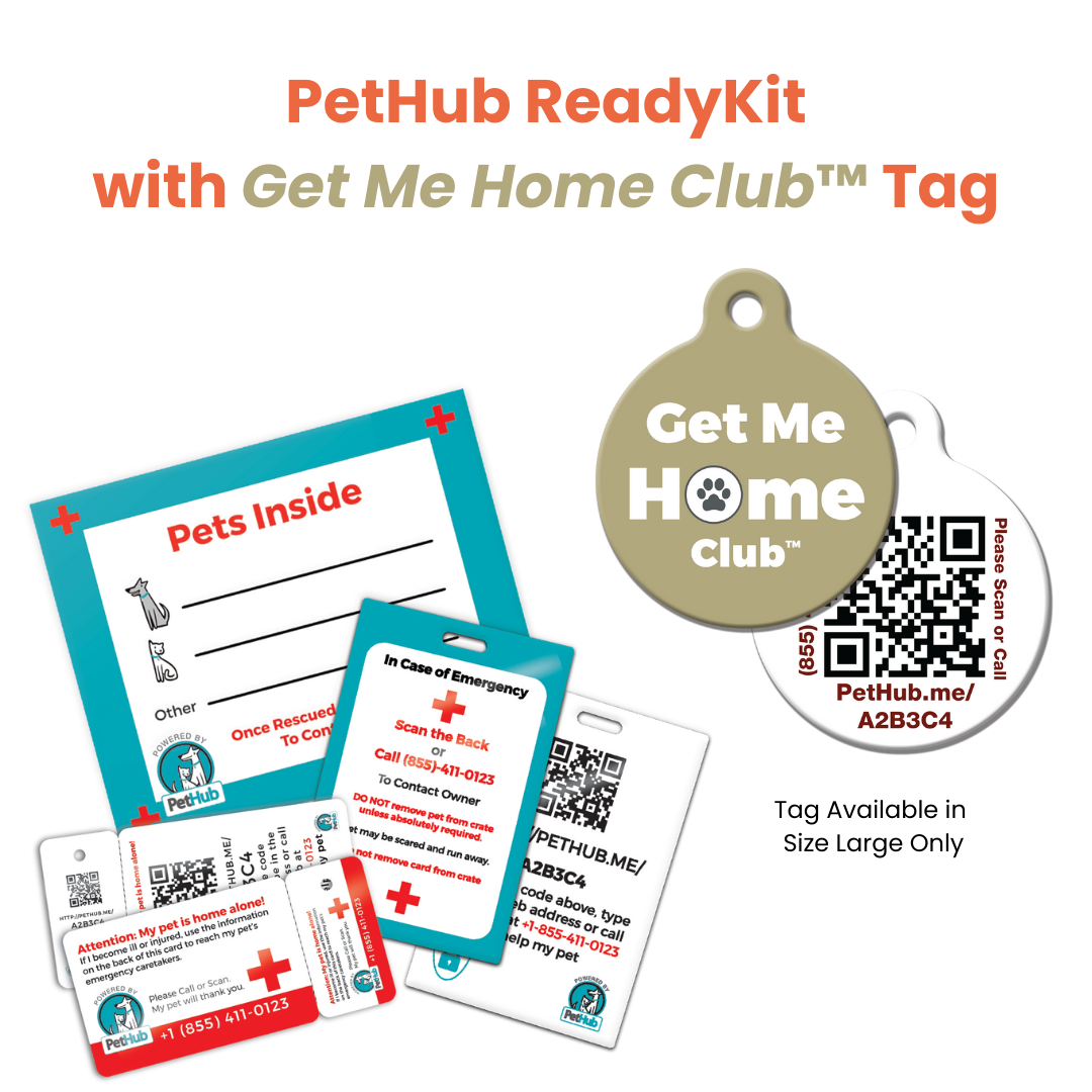 PetHub ReadyKit with tags and cards, featuring red, blue, and white colors, plus QR codes.