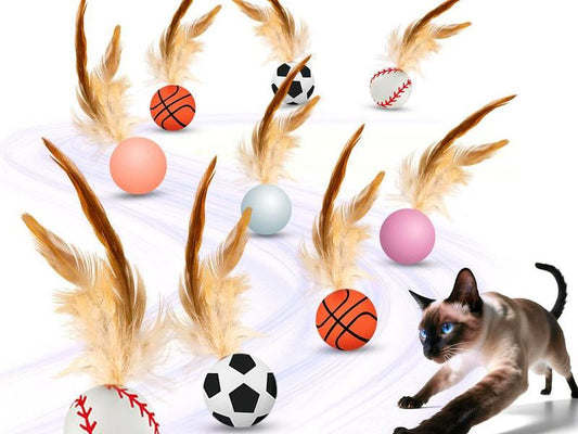 Txfny 9PCS Interactive Feather Ball Toy for Cats, New Cat Bouncy Ball with Feather Tails, Elastic Cat Toy Balls for Indoor, Rolling Balls for Cats Playing Exercise