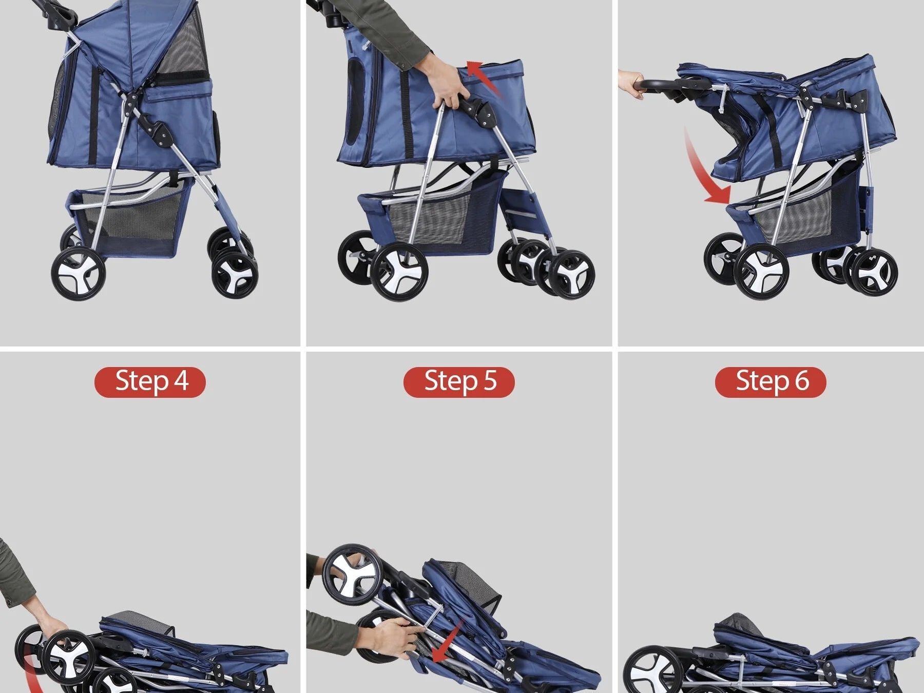 4 Wheels Small Pet Dog Stroller Foldable Strolling Cart Max.33Lbs W/Storage Basket & Cup Holder,Navy