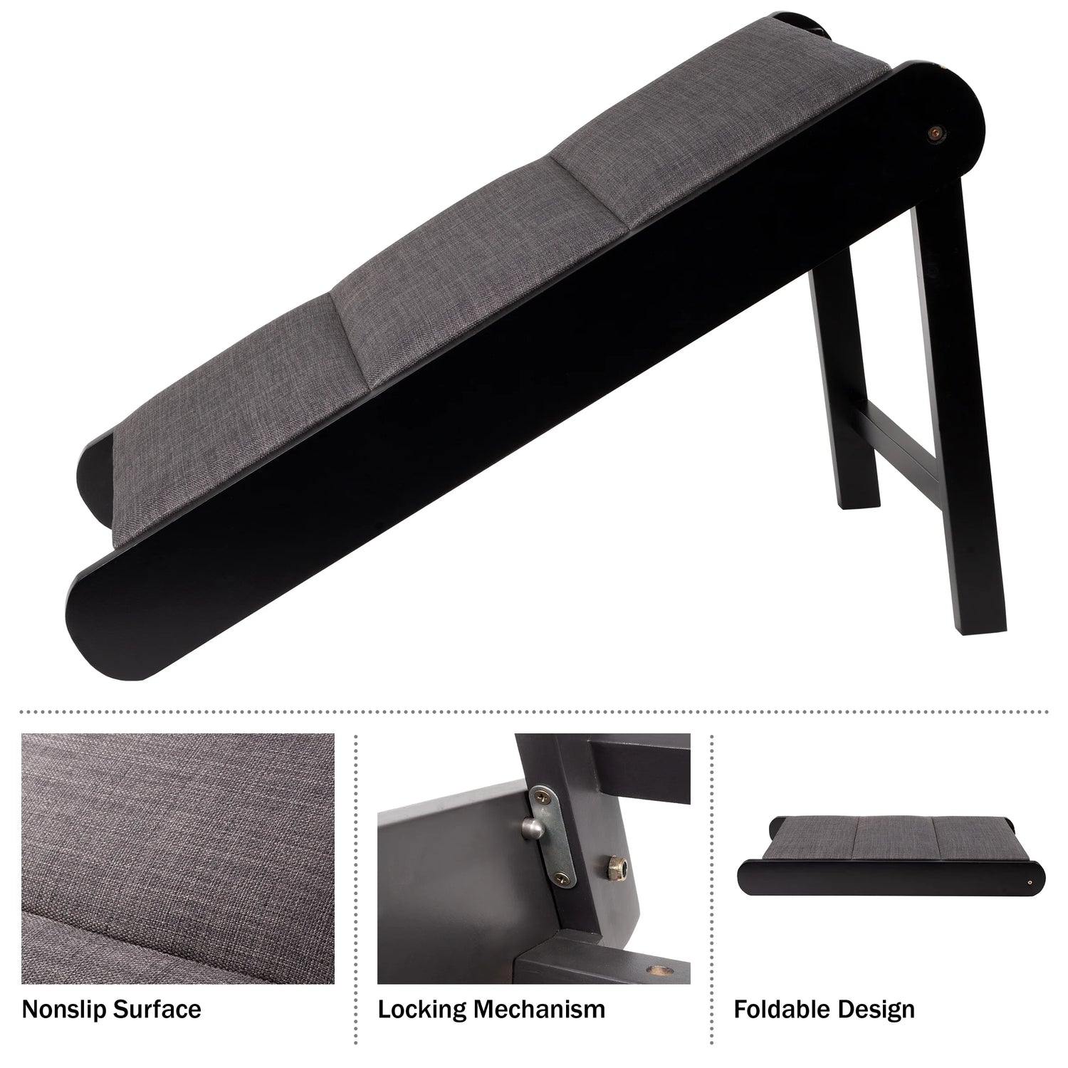 Foldable Wooden Pet Ramp for Bed, Couch, or Vehicle (Black/Gray)