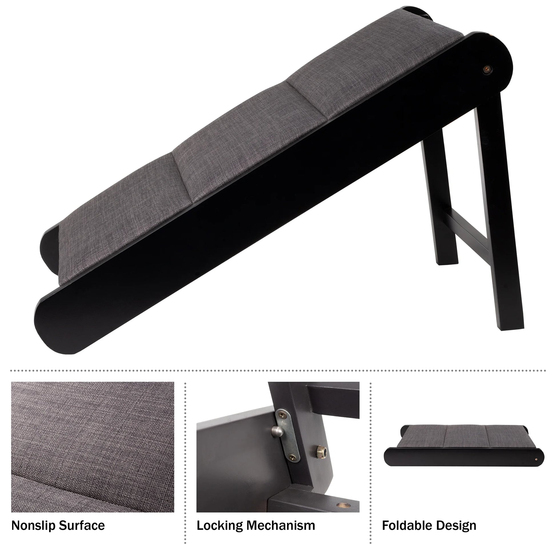 Foldable Wooden Pet Ramp for Bed, Couch, or Vehicle (Black/Gray)