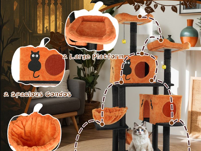 Halloween Cat Tree, Large Cat Tower with 2 Spacious Cat Condos, 2 Padded Perches, 2 Hammocks, Scratching Posts, Hanging Toy, Multi-Level Cat Activities Furniture for Large Cats, Orange & Black