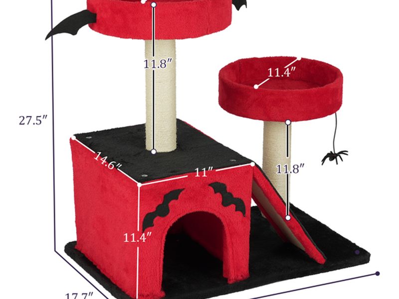 Halloween Cat Climbing Frame Gothic Cat Tree, Cat Tower with Spacious Cat Condo, 2 Padded Perches, Spider Toy, Scratching Posts, Scratching Ladder for Large Cats, Red & Black