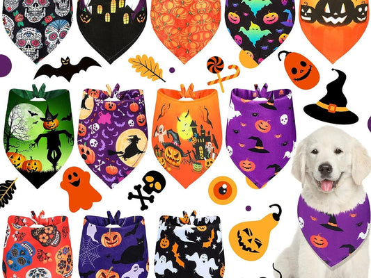12-Pack Adjustable Halloween Bandanas for Dogs and Cats - Triangle Design Featuring Bat, Ghost, and Pumpkin Patterns - Pet Apparel Accessories