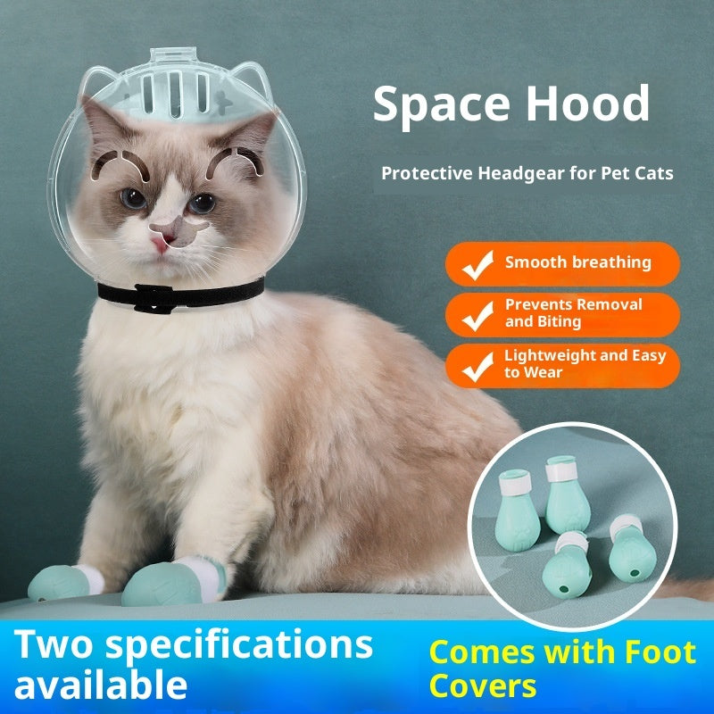 Cat wearing a transparent space hood and teal foot covers, with text about product features.
