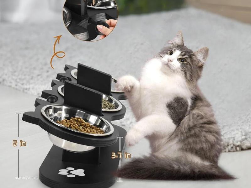 Raised Cat Food Bowls for Indoor Cats, Elevated Cat Bowls,Adjustable Heights Pet Bowl with Black Shelf,3 Stainless Steel Elevated Cat Bowls Stand with 15 ° Tilted,Cat Food and Water Bowl Setcat Food Bowl Slow Feeder Bowl