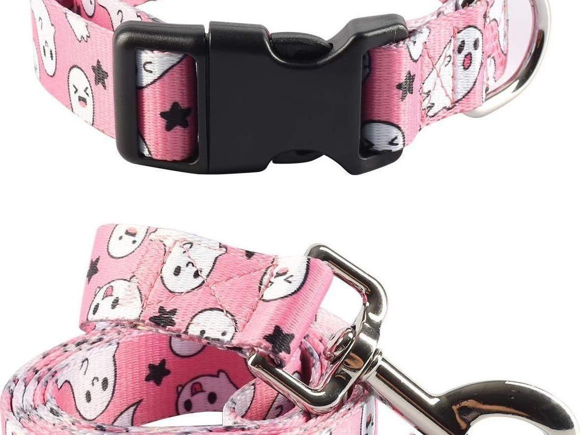 2-Piece Halloween Dog Collar and Ghost Leash Set - Adjustable and Cute Collars for Small, Medium, and Large Pets (Medium, Blue)