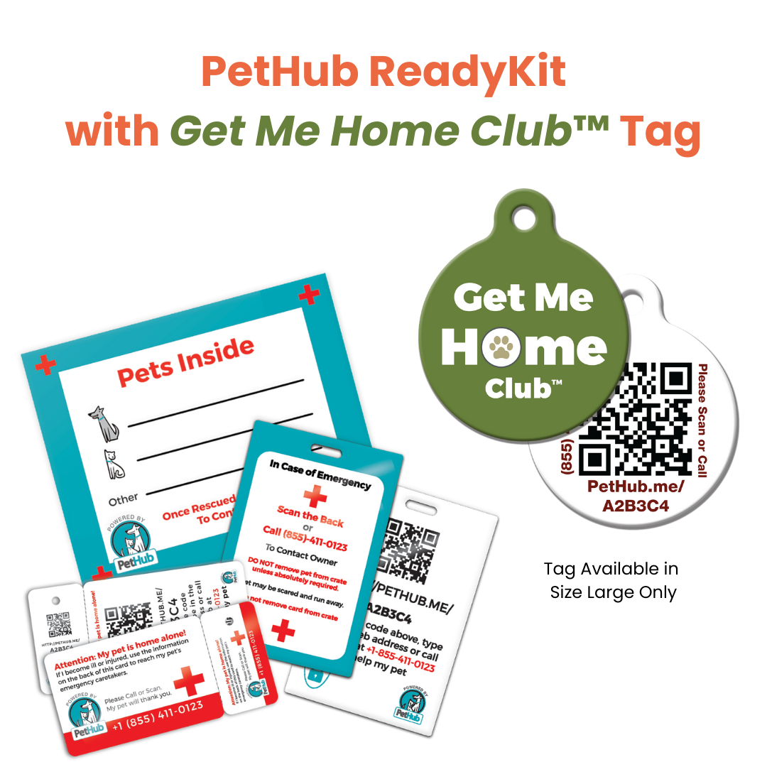 PetHub ReadyKit with green and white tags, emergency cards, and QR codes for pet safety.