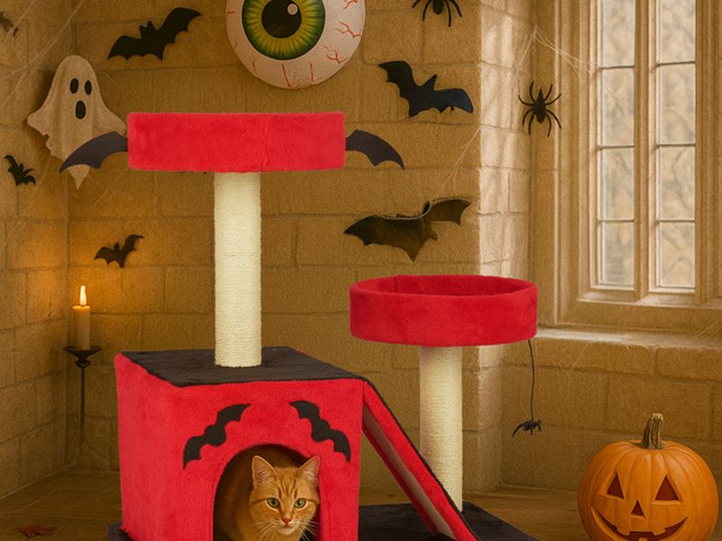 Halloween Cat Climbing Frame Gothic Cat Tree, Cat Tower with Spacious Cat Condo, 2 Padded Perches, Spider Toy, Scratching Posts, Scratching Ladder for Large Cats, Red & Black