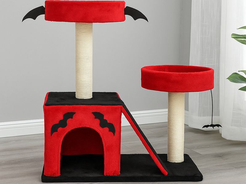 Halloween Cat Climbing Frame Gothic Cat Tree, Cat Tower with Spacious Cat Condo, 2 Padded Perches, Spider Toy, Scratching Posts, Scratching Ladder for Large Cats, Red & Black