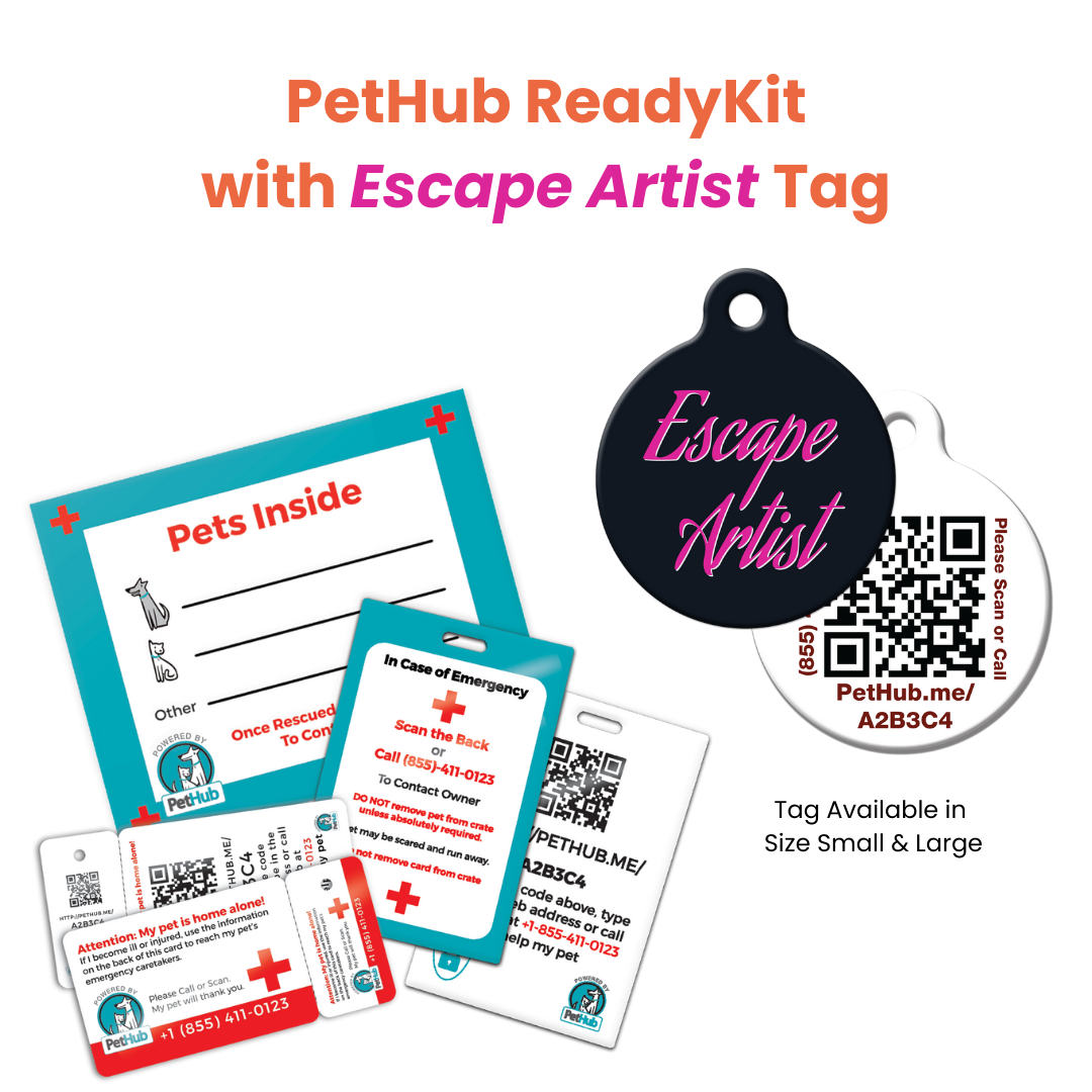 PetHub ReadyKit with tags, cards, and a QR code. "Escape Artist" tag in black and white.