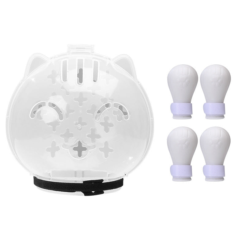 Clear cat-shaped container with a black strap, alongside four white bulb-like objects.