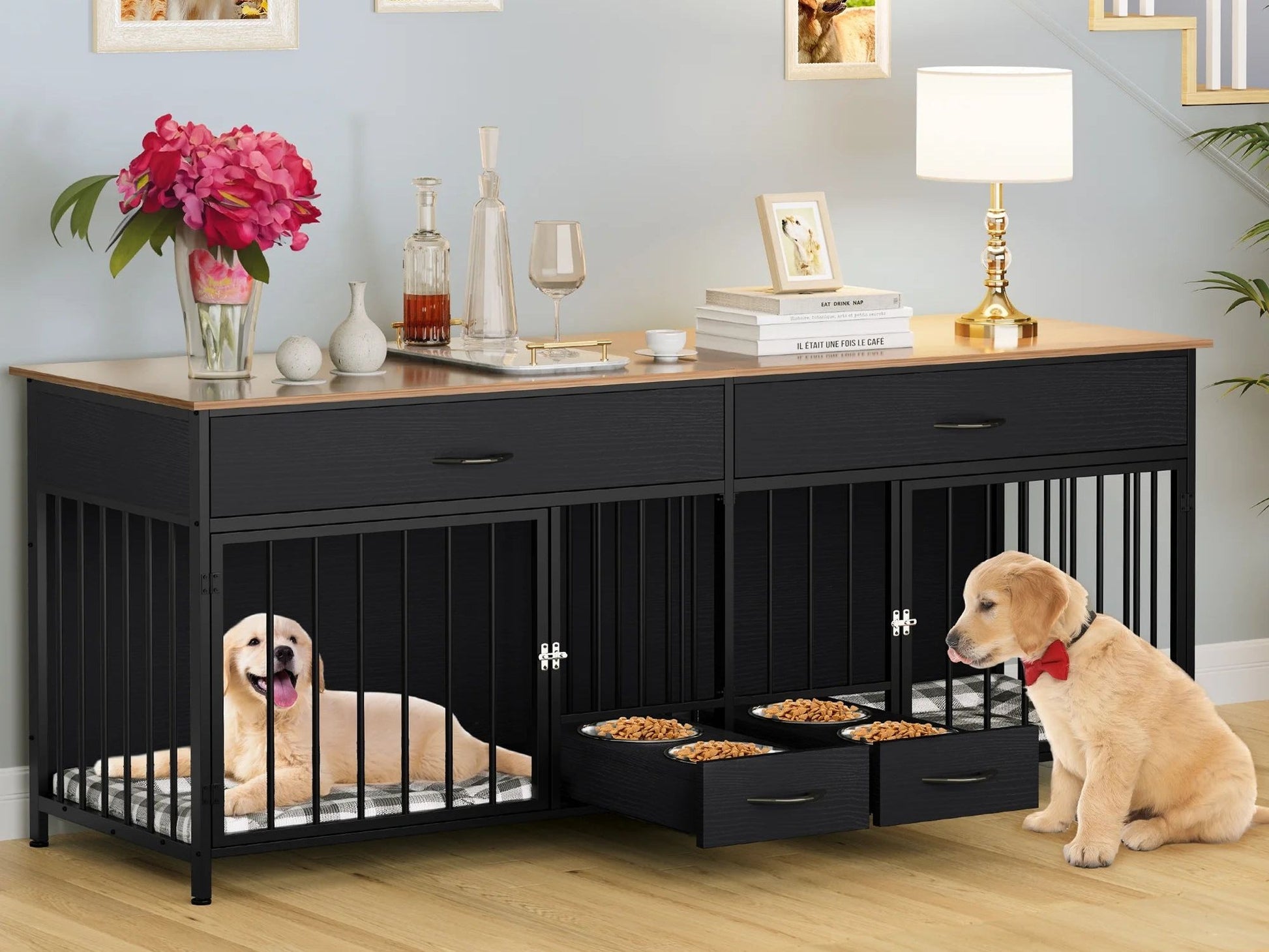 Indoor Dog Crate Furniture Large Breed with Storage&Dog Feeder, Double Dog Kennel Furniture TV Stand, 74.8" Inch Wooden Decorative Dog Kennel Furniture for 2 Dogs, Black