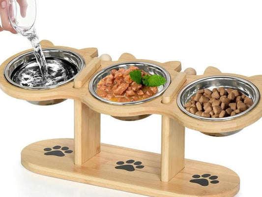 Raised Cat Food Bowls for Indoor Cats, Elevated Cat Bowls,Adjustable Heights Pet Bowl with Black Shelf,3 Stainless Steel Elevated Cat Bowls Stand with 15 ° Tilted,Cat Food and Water Bowl Setcat Food Bowl Slow Feeder Bowl