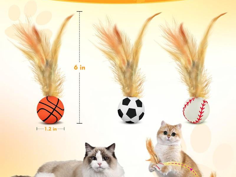 Txfny 9PCS Interactive Feather Ball Toy for Cats, New Cat Bouncy Ball with Feather Tails, Elastic Cat Toy Balls for Indoor, Rolling Balls for Cats Playing Exercise