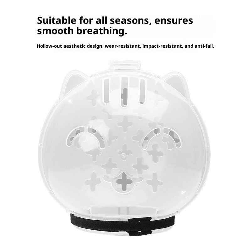 Clear cat-shaped mask with cut-out design, black strap, and text about breathability and durability.