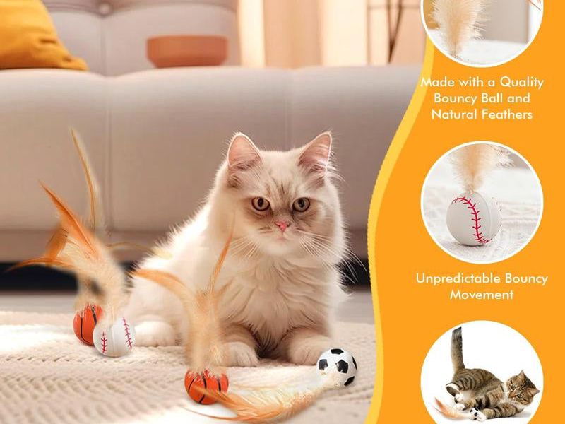 Txfny 9PCS Interactive Feather Ball Toy for Cats, New Cat Bouncy Ball with Feather Tails, Elastic Cat Toy Balls for Indoor, Rolling Balls for Cats Playing Exercise