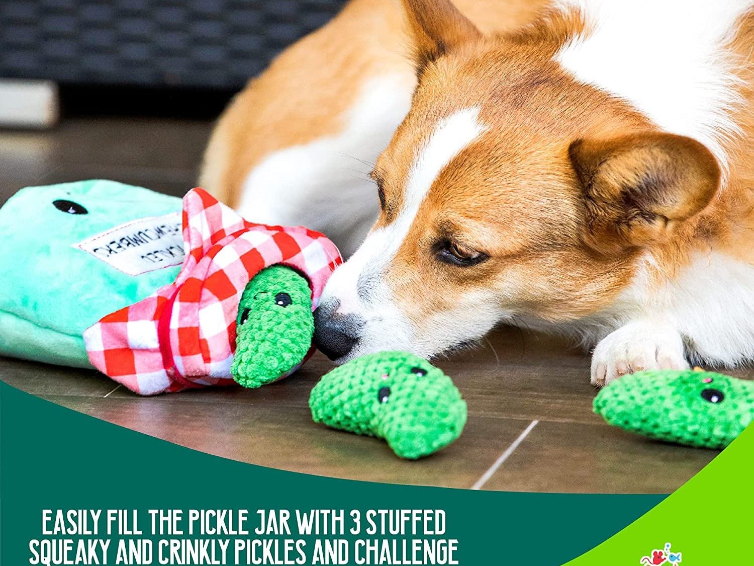 Interactive Plush Dog Toys Bundle - Hide and Seek Crinkle Squeaky Activity Puzzle for Medium Breeds - Includes Pickles Chew and Fetch Treats