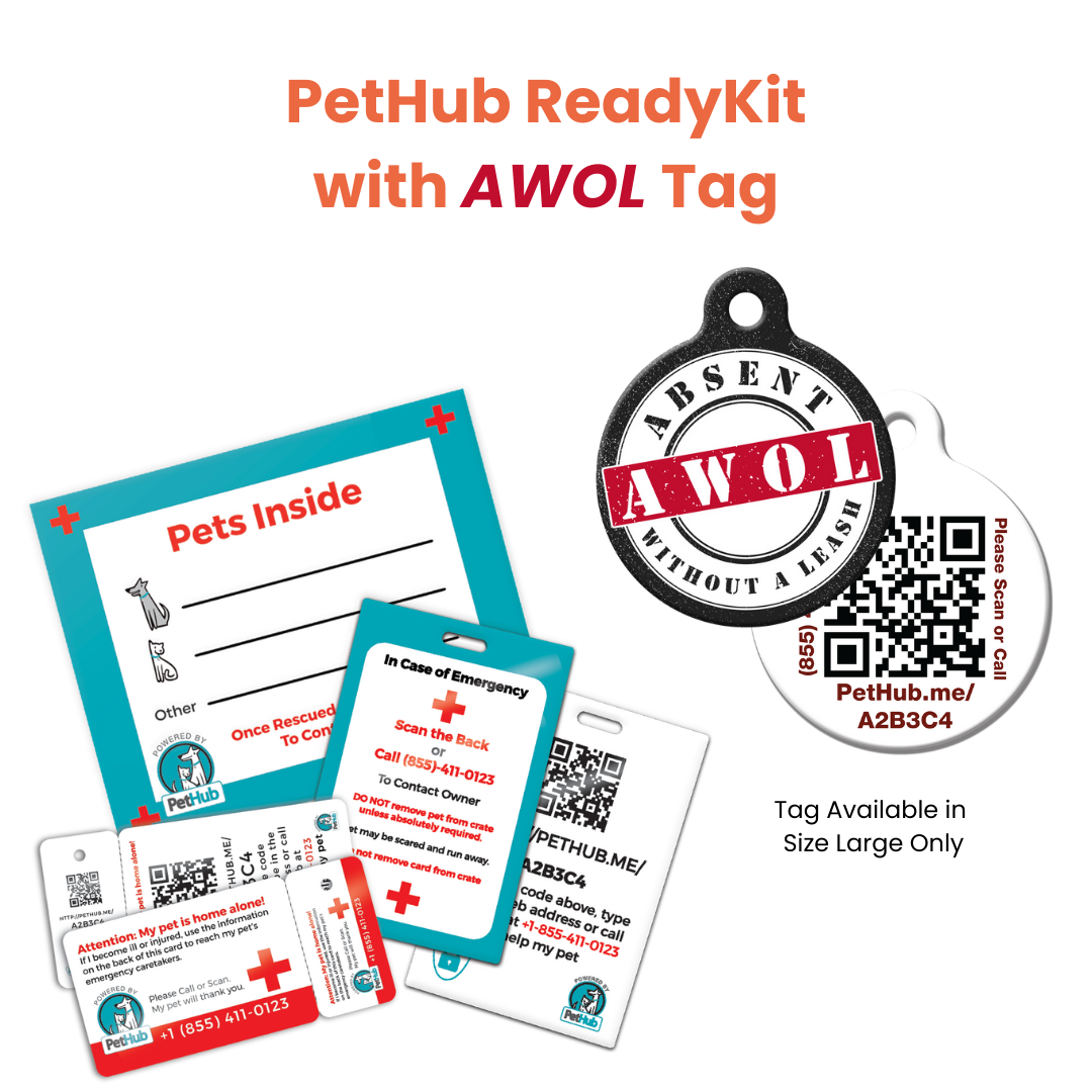 PetHub ReadyKit with AWOL tag, includes pet info cards, QR codes, and emergency contact details.