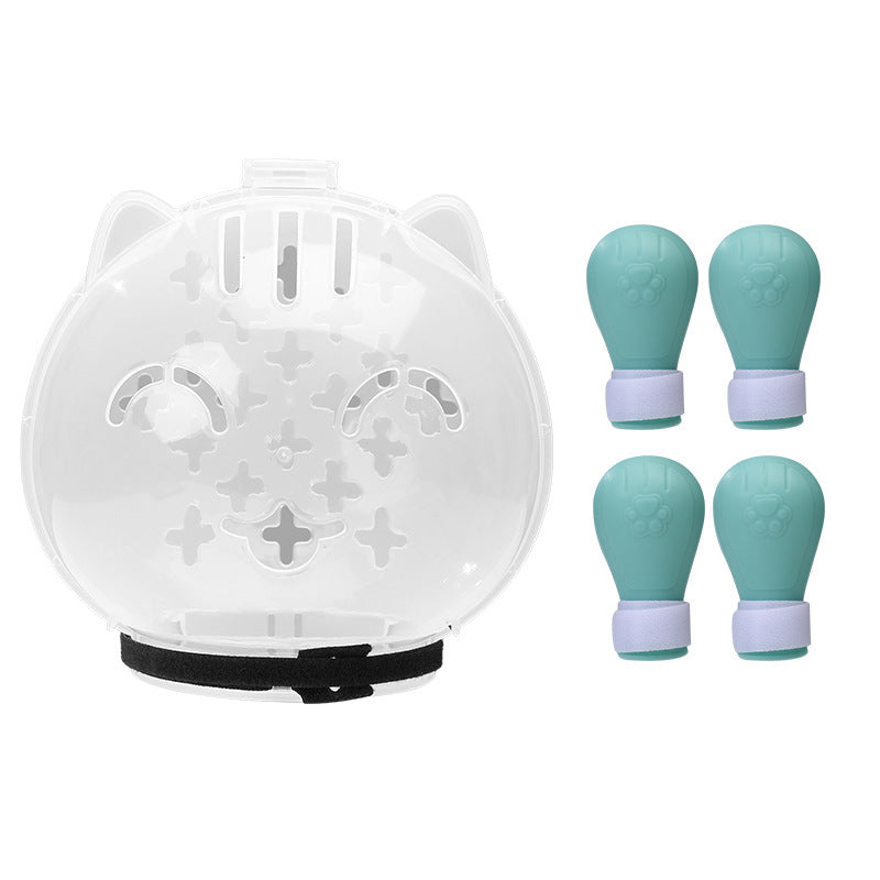 Clear cat-shaped container with a black strap, next to four teal bulb-shaped items.