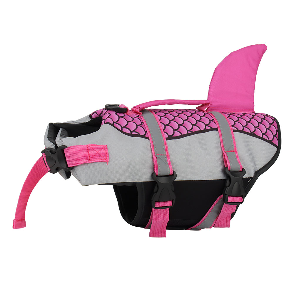 Gray and pink dog life jacket with a fin, scale pattern, and adjustable straps.