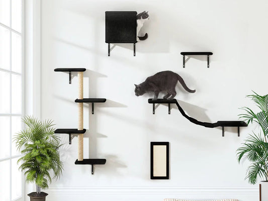 Cat Wall Shelves and Perches Set, Cat Tower for Adult Cats Mounted Cat Tree House for Indoor Cats Modern Furniture for Cat Sleeping Playing Lounging Climbing Cat Tree for Large, Black