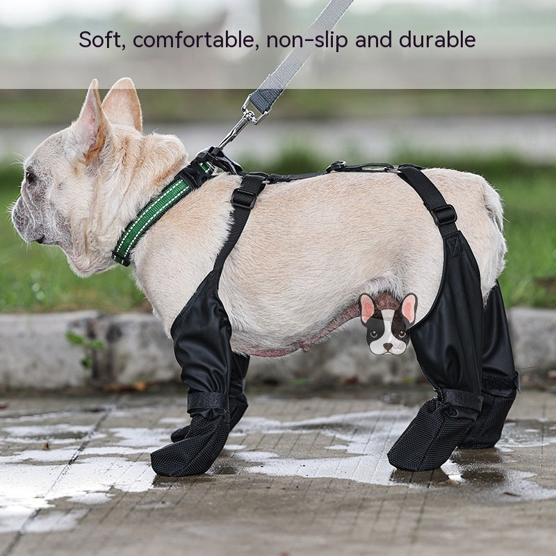 A dog in black protective boots and harness on a wet pavement, with grass in the background.