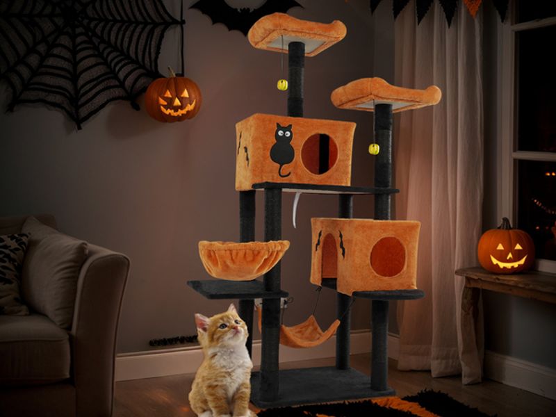 Halloween Cat Tree, Large Cat Tower with 2 Spacious Cat Condos, 2 Padded Perches, 2 Hammocks, Scratching Posts, Hanging Toy, Multi-Level Cat Activities Furniture for Large Cats, Orange & Black