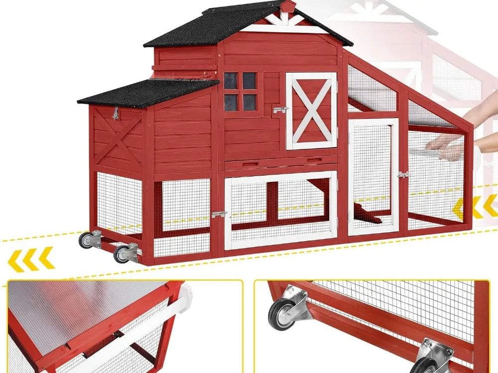 Chicken Coop Mobile Chicken House on Wheels Expandable Wooden Poultry Cage with Large Nesting Box Leakproof Pull-Out Tray Rabbi