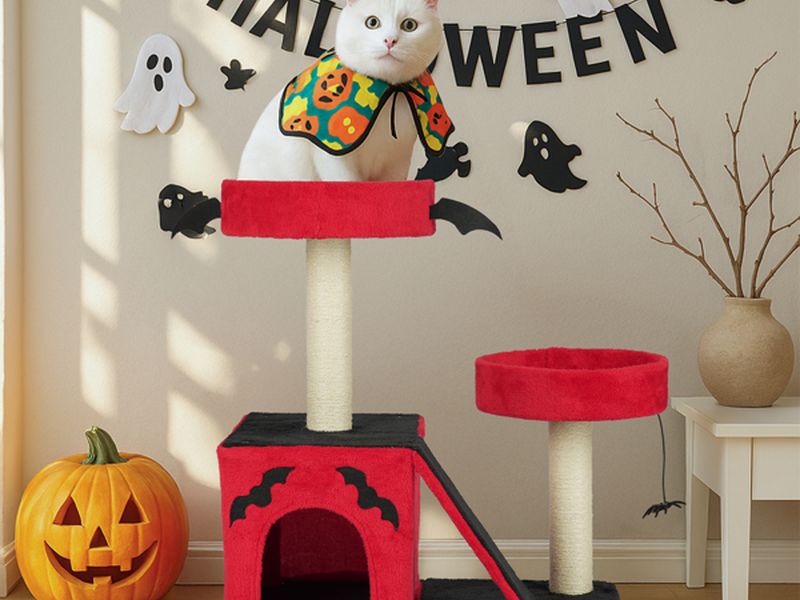 Halloween Cat Climbing Frame Gothic Cat Tree, Cat Tower with Spacious Cat Condo, 2 Padded Perches, Spider Toy, Scratching Posts, Scratching Ladder for Large Cats, Red & Black
