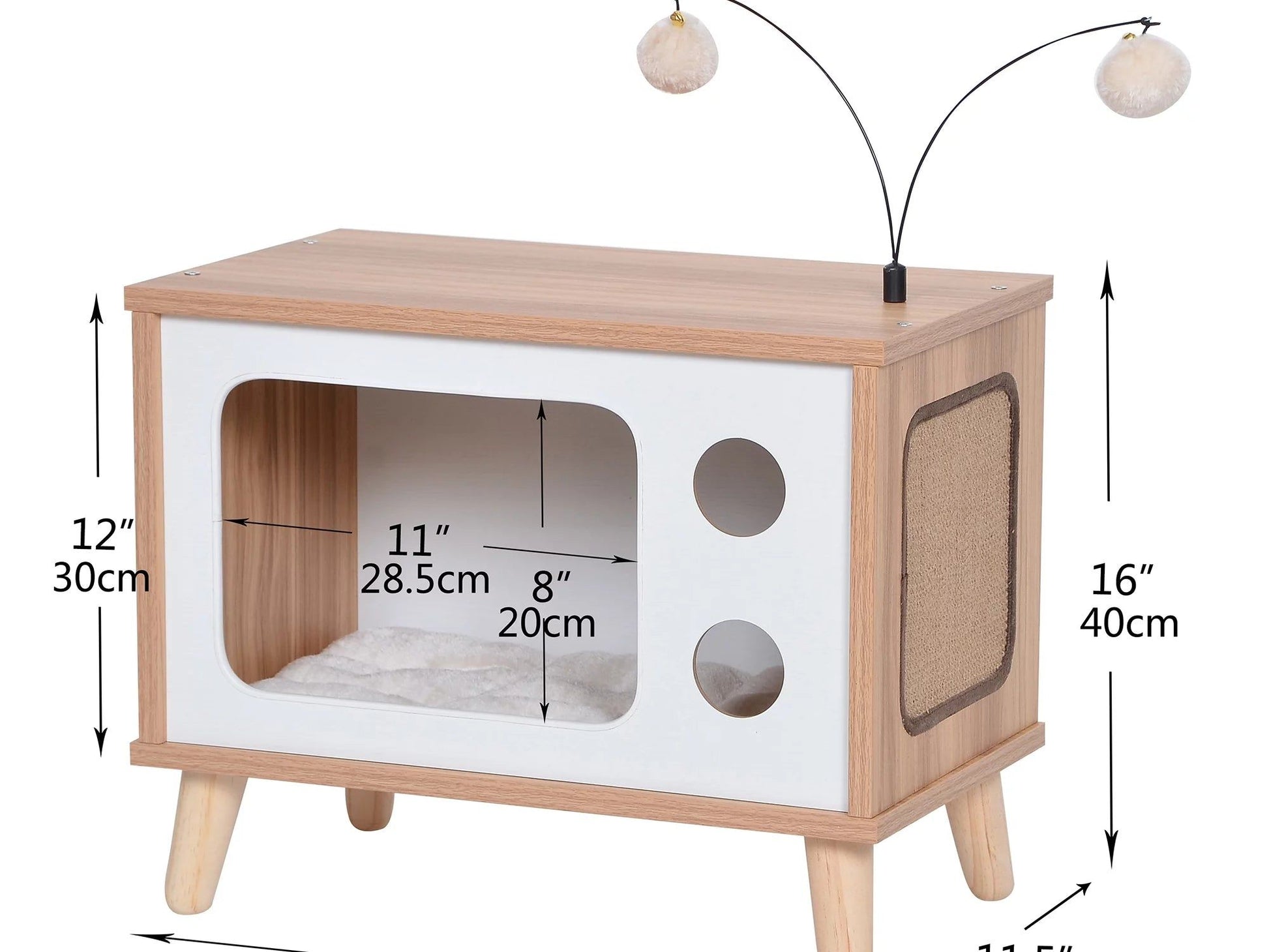Purr-View Retro TV Cat Condo with Jute Scratching Pad & Washable Mat, Ball Toy Antenna, White & Tan, 20" L X 11.5" W X 16" H