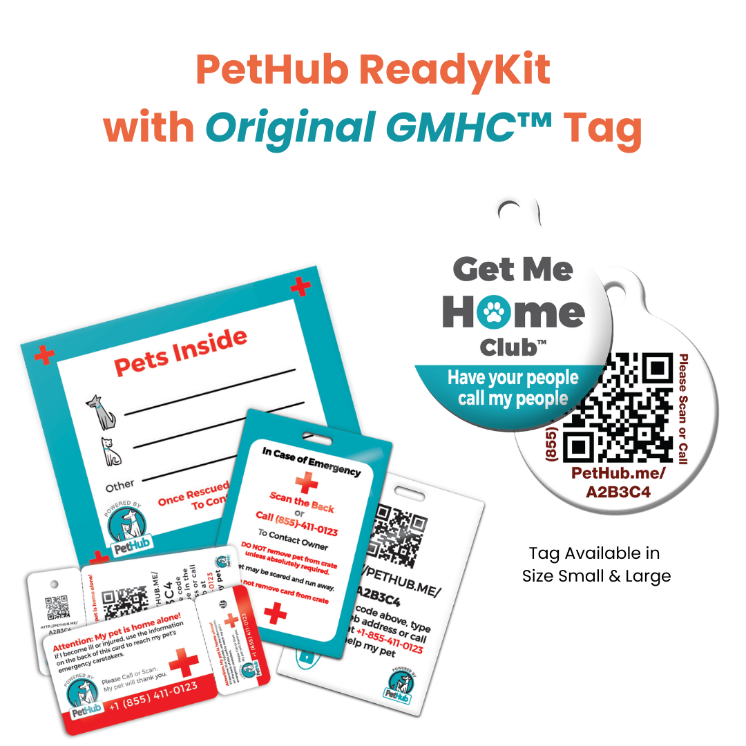 PetHub ReadyKit with tags, cards, and labels in red, blue, and white, featuring QR codes.