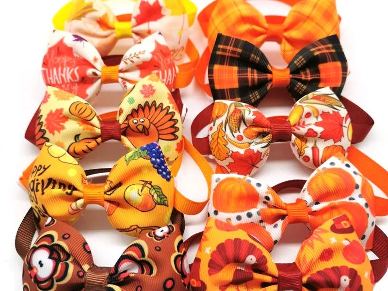 30/50Pcs Thanksgiving Day Pet Dog Bow Ties Maple Leaf Turkey Pet Cat Dog Collar Bowties Neckties Pet Fall Ties Grooming Products